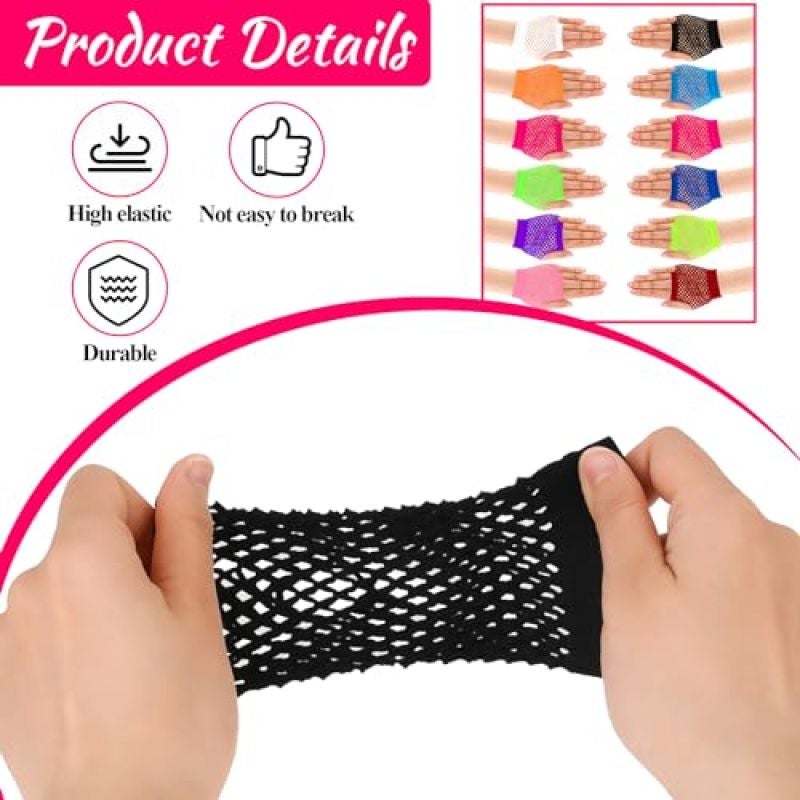 Neon Mesh Fingerless Gloves - 12 Pairs Stretchy One-Size Breathable Retro 80s Party Accessories for Halloween Cosplay Themed Events Birthday Celebrations - Image 4