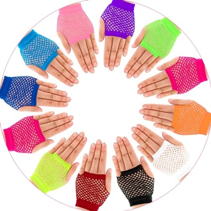Neon Mesh Fingerless Gloves - 12 Pairs Stretchy One-Size Breathable Retro 80s Party Accessories for Halloween Cosplay Themed Events Birthday Celebrations - Image 5