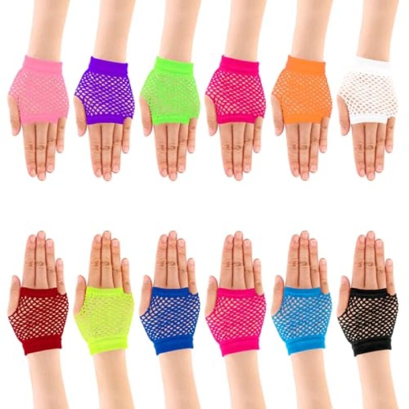 Neon Mesh Fingerless Gloves - 12 Pairs Stretchy One-Size Breathable Retro 80s Party Accessories for Halloween Cosplay Themed Events Birthday Celebrations - Image 2