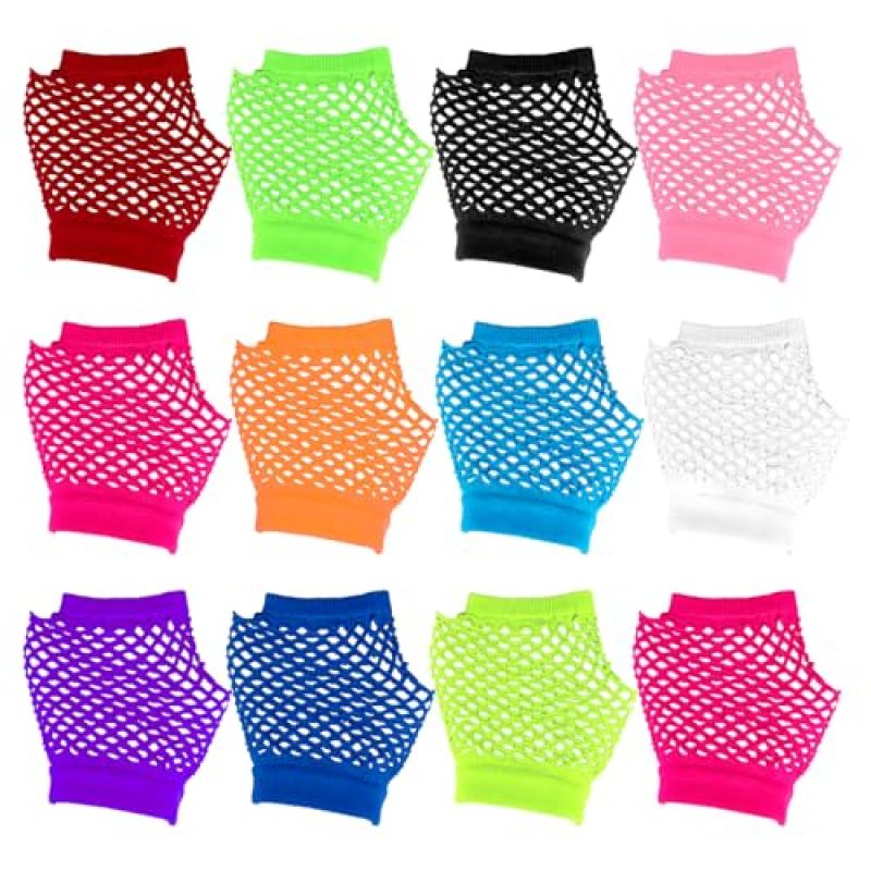 Neon Mesh Fingerless Gloves - 12 Pairs Stretchy One-Size Breathable Retro 80s Party Accessories for Halloween Cosplay Themed Events Birthday Celebrations - Image 1