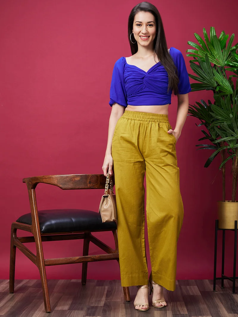 جلو باص بنطلون قطن نسائي بقصة واسعة وخصر مرتفع من جلوبس