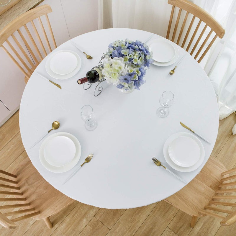 NLMUVW Round Fitted Vinyl Tablecloth with Elastic Edge 100 Waterproof Oil Proof PVC Table Cloth Wipe Clean Table Cover for Indoor and Outdoor White 40 44