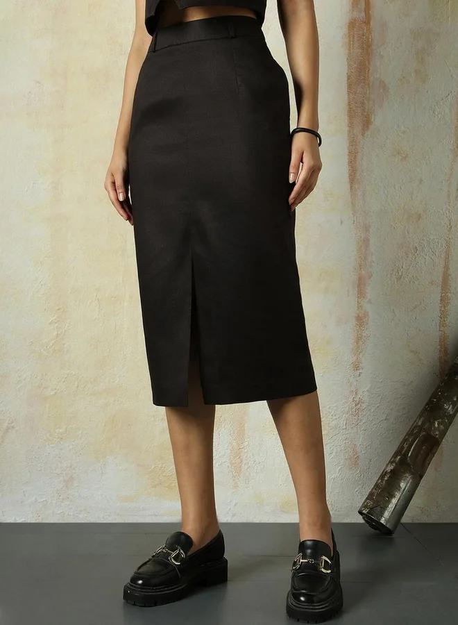 HIGH STAR Solid A-Line Skirt with Front Slit Detail