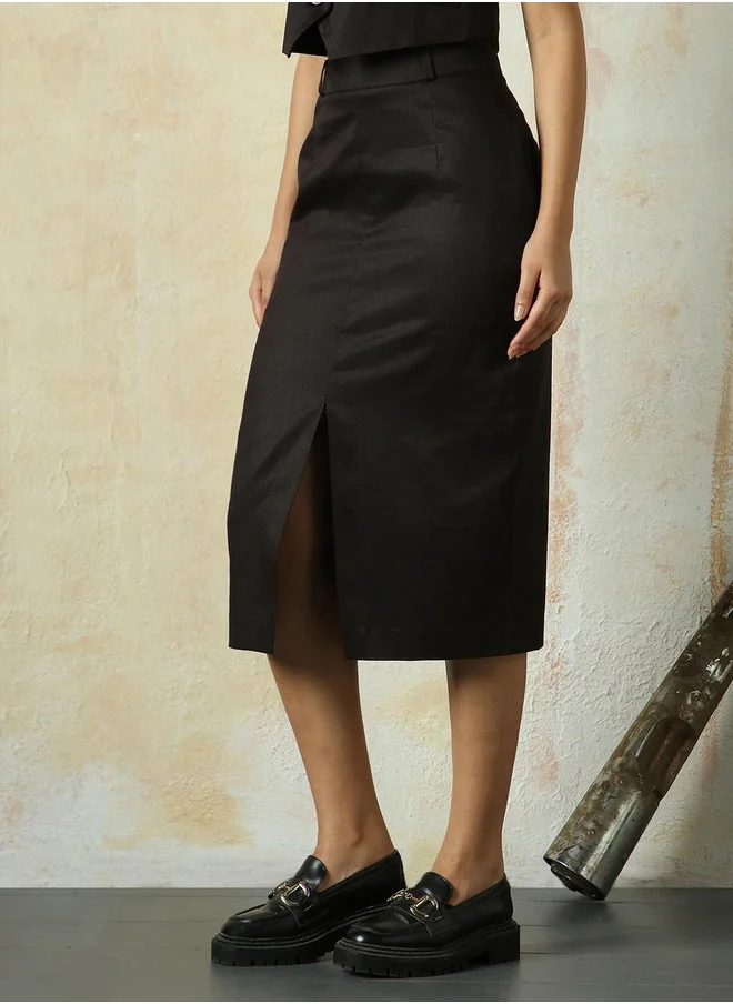 هاي ستار Solid A-Line Skirt with Front Slit Detail