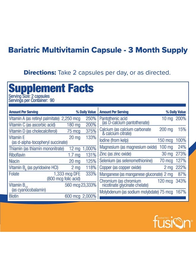 Bariatric Fusion - Bariatric Multivitamin Capsules Without Iron For Post Bariatric Surgery Patients Including Gastric Bypass And Sleeve Gastrectomy 2 Capsules Daily 180 Count 3 Month Supply - Image 1