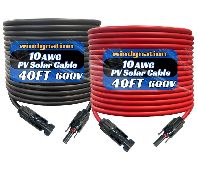 WindyNation 10 Gauge 10 AWG Pair 40 Feet Black + 40 Feet Red PV Photovoltaic Solar Panel Extension Cable Wire Solar Connectors - Image 1
