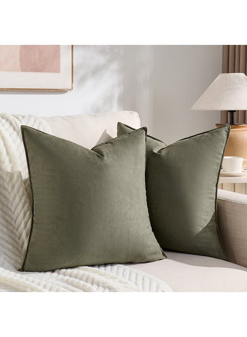 مجموعة من 2 أغطية وسائد زخرفية محايدة للكنبة، السرير والأريكة، ناعمة للغاية ونمط مخملي، تصميم جمالي وحديث - 45x45 سم - أخضر زيتوني