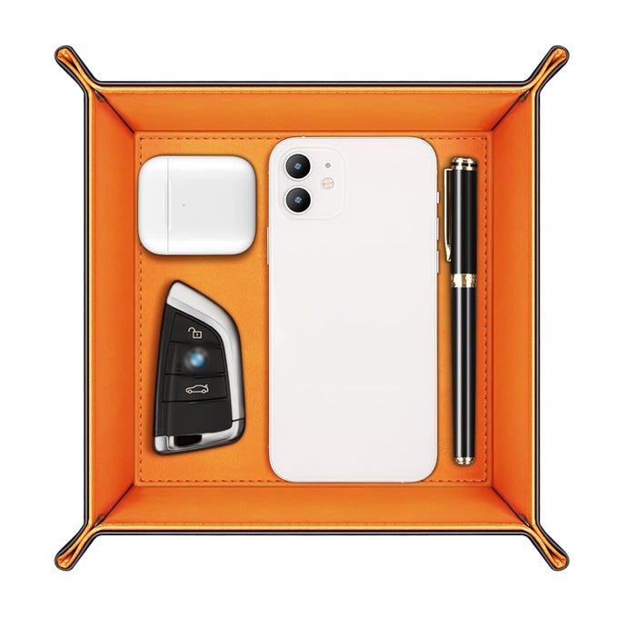 Valet Tray Desktop Storage Organizer Premium PU Leather Catchall Bedside Vanity Tray Nightstand Caddy Holder for Remote Controller Keys Phone Wallet Coin Jewelry Orange