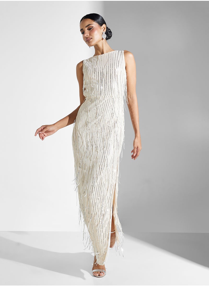 Jaded Rose - Silver Tussel Sequin Maxi Dress - Image 1