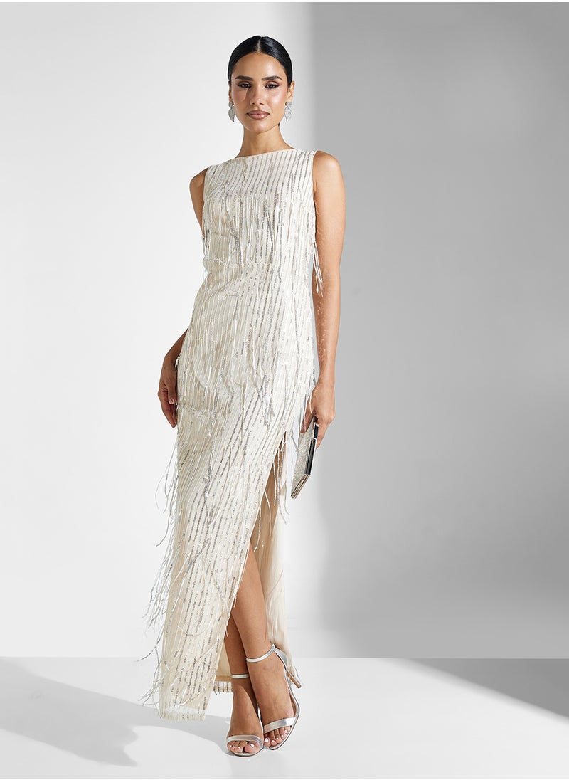Jaded Rose - Silver Tussel Sequin Maxi Dress - Image 1