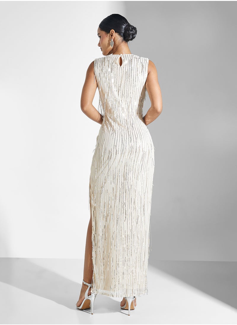 Jaded Rose - Silver Tussel Sequin Maxi Dress - Image 1
