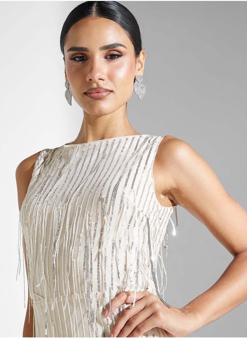 Jaded Rose - Silver Tussel Sequin Maxi Dress - Image 1