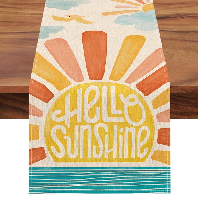 HELLO SUNSHINE SPRING SUMMER TABLE RUNNER SUN CLOUD BIRD SEA KITCHEN DINING TABLE DECOR SEASONAL BURLAP HOME DECORATION INDOOR OUTDOOR PARTY SUPPLY 13 X 72 INCH