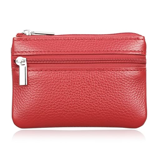 Hibate Red Small Leather Coin Purse Change Pouch for Women Men Kids with Zip Key Ring - Image 1