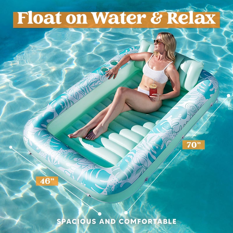 SLOOSH Inflatable Tanning Pool Lounger Float, 70" x 46" Pool Floats Adult with Pillow, 4 in 1 Suntan Tub Raft Floatie,Sunbathing Bed Lounge for Water Blow Up Kids Ball Pit Party Gifts, L-Cyan White - Image 2