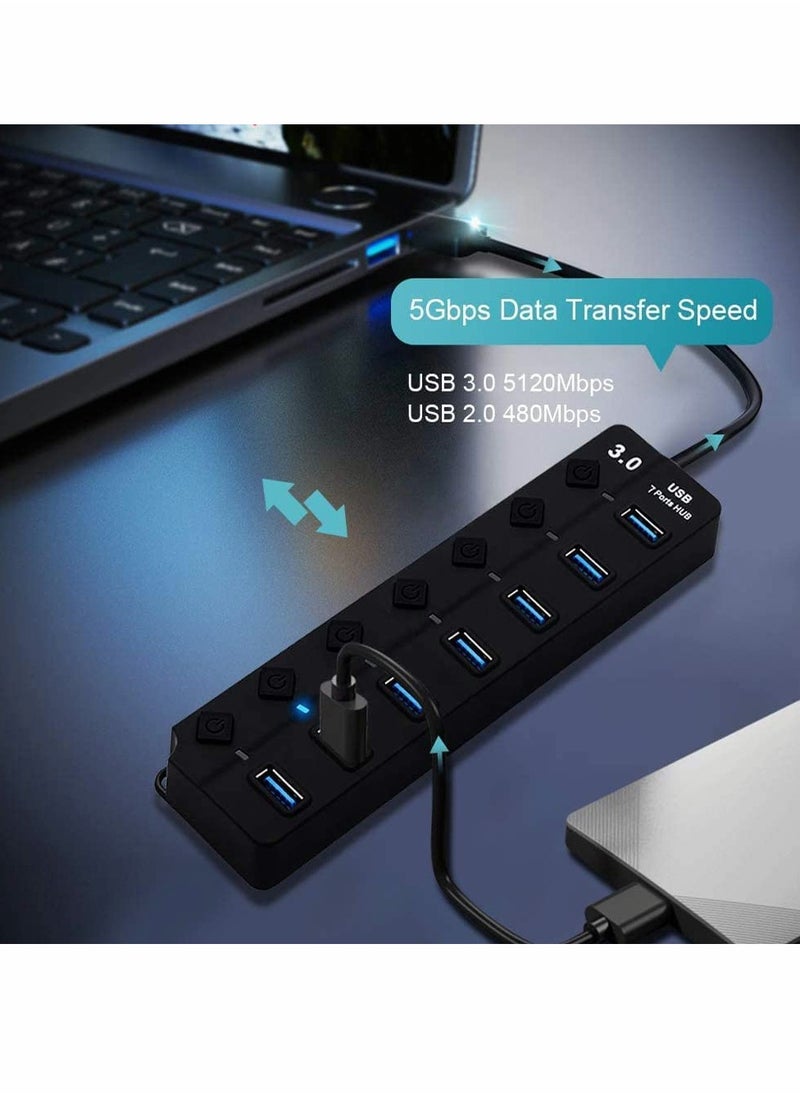 KASTWAVE - Powered USB Hub 3.0 7 Ports USB Charging Extender Data Hub Splitter Extension with Individual Switches and Lights for Laptop PC Computer USB Devices Super Compatible 5Gbps Data Transfer Speed - Image 1