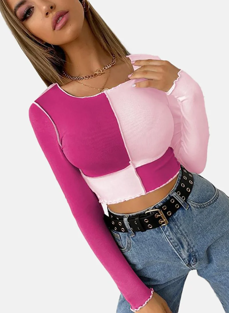 YUNIQEE pink Colour Blocked Slim Fit Long Sleeve Top