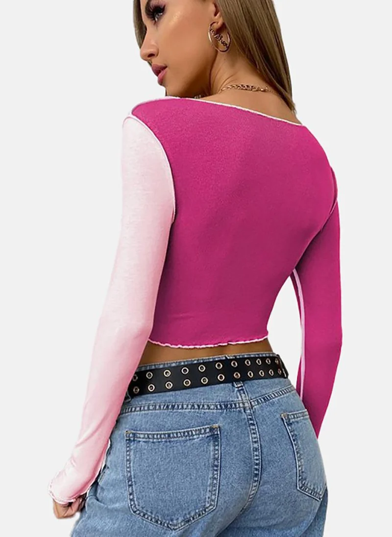 YUNIQEE pink Colour Blocked Slim Fit Long Sleeve Top