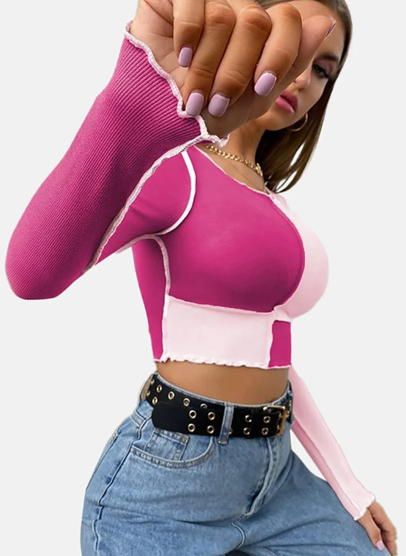 YUNIQEE pink Colour Blocked Slim Fit Long Sleeve Top