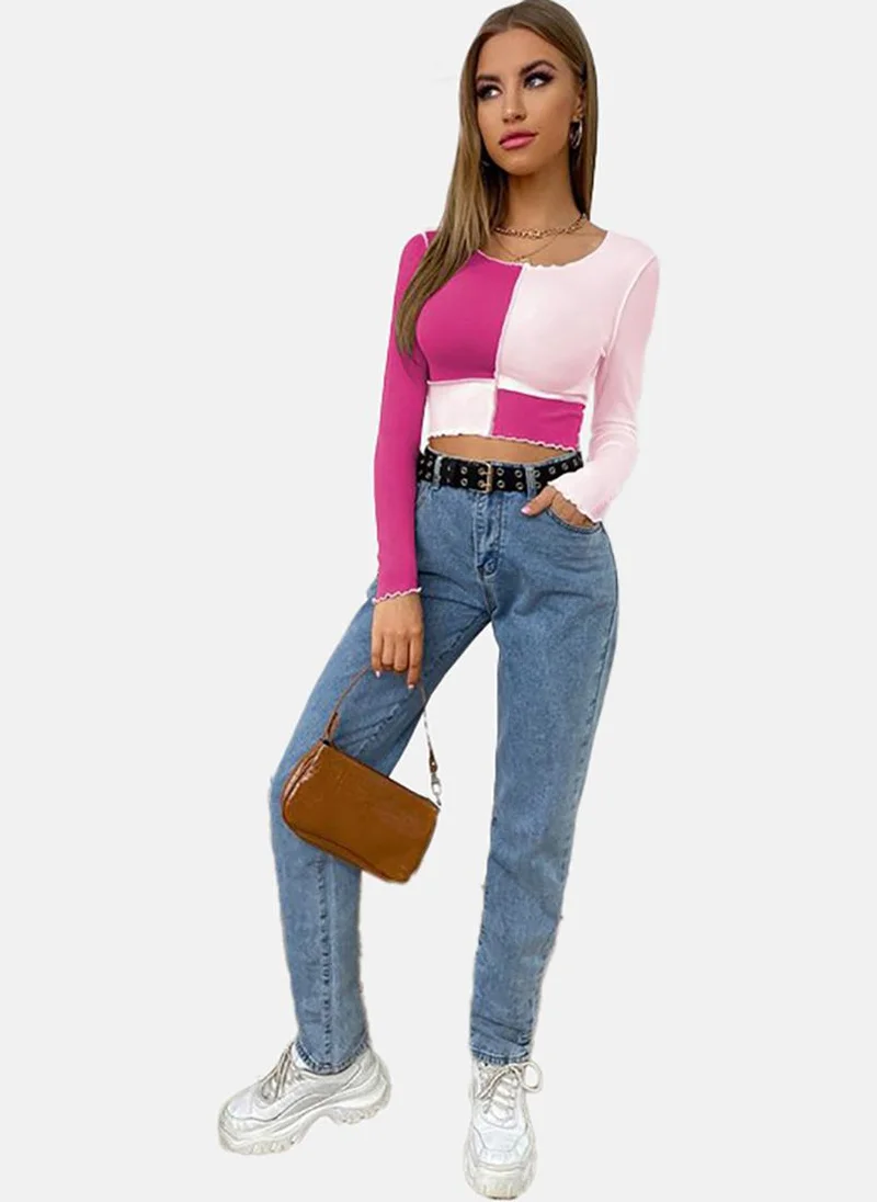 YUNIQEE pink Colour Blocked Slim Fit Long Sleeve Top