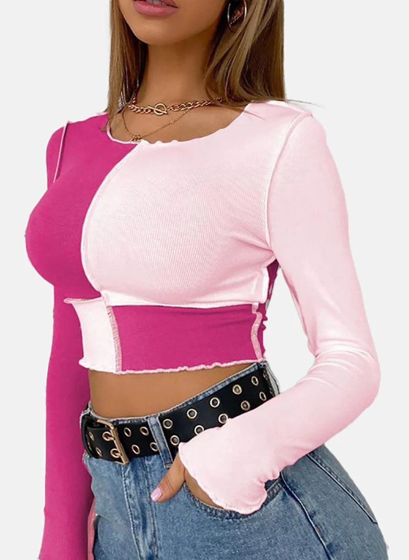 YUNIQEE pink Colour Blocked Slim Fit Long Sleeve Top