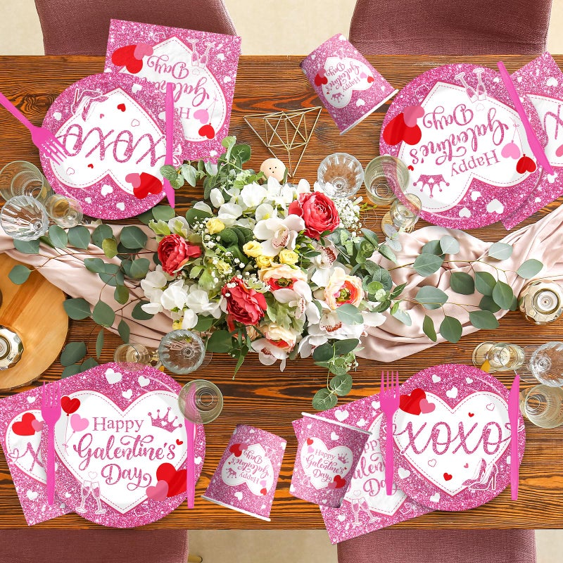TEMYAXU Galentines Day Plates and Napkins Sets, Pink Glitter Galentines Day Decorations includes Happy Galentines's Day Plates and XOXO Napkins, for Girl Lady Galentine Day Party Decorations - Image 4
