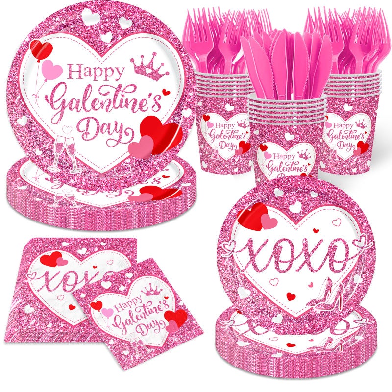 TEMYAXU Galentines Day Plates and Napkins Sets, Pink Glitter Galentines Day Decorations includes Happy Galentines's Day Plates and XOXO Napkins, for Girl Lady Galentine Day Party Decorations - Image 1