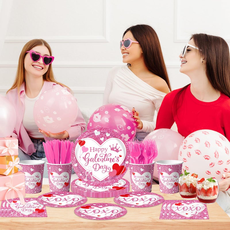 TEMYAXU Galentines Day Plates and Napkins Sets, Pink Glitter Galentines Day Decorations includes Happy Galentines's Day Plates and XOXO Napkins, for Girl Lady Galentine Day Party Decorations - Image 2