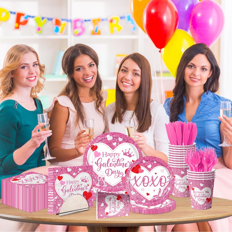 TEMYAXU Galentines Day Plates and Napkins Sets, Pink Glitter Galentines Day Decorations includes Happy Galentines's Day Plates and XOXO Napkins, for Girl Lady Galentine Day Party Decorations - Image 5