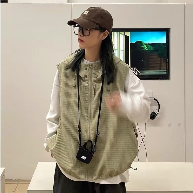 Japanese Style Retro Waffles Hooded Vest Men'S And Women'S Loose Workwear Sleeveless Stacked Jacket Trendy - Image 1