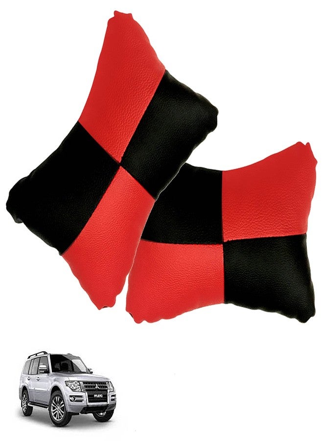 Adroitz Car Pillow Faux Leather Material Check Design (2 Pieces) in Red for Pajero_PR118 - Image 2