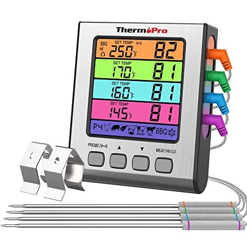 ThermoPro TP17H Digital Meat Thermometer with 4 Temperature Probes HILOW Alarm Smoker Food Thermometer with Colored Backlit LCD BBQ Thermometer for Cooking Grilling Kitchen Oven Barbecue Turkey