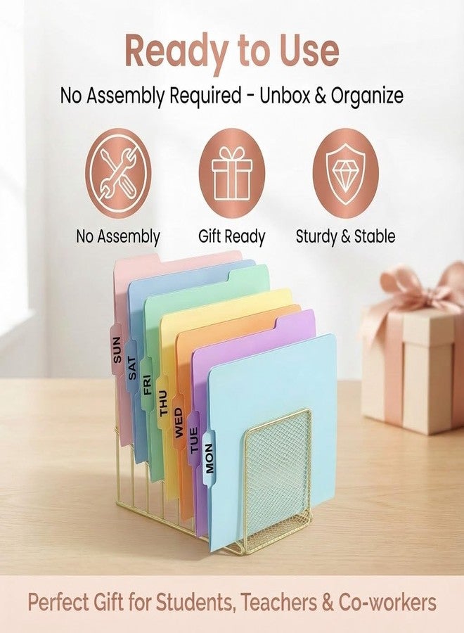 Simmer Stone 2 pcs Incline File Sorter, 7 Slot Magazine Holder for Letter, Document, Folder and Book, Metal Desktop Organizer Rack for Home, School and Office (2-gold) - Image 5