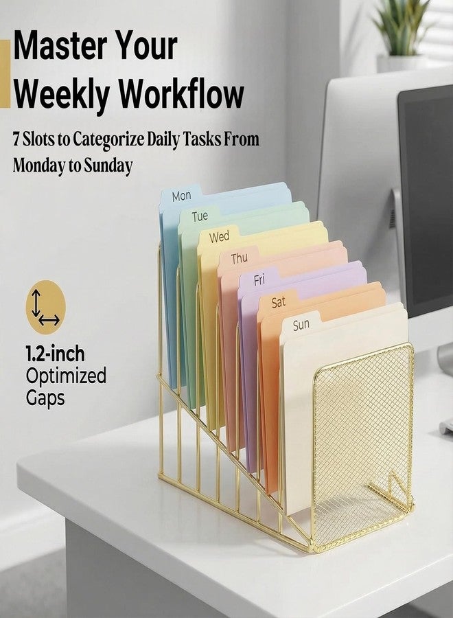 Simmer Stone 2 pcs Incline File Sorter, 7 Slot Magazine Holder for Letter, Document, Folder and Book, Metal Desktop Organizer Rack for Home, School and Office (2-gold) - Image 2