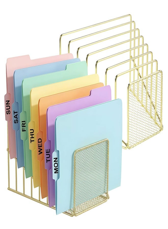 Simmer Stone 2 pcs Incline File Sorter, 7 Slot Magazine Holder for Letter, Document, Folder and Book, Metal Desktop Organizer Rack for Home, School and Office (2-gold) - Image 1