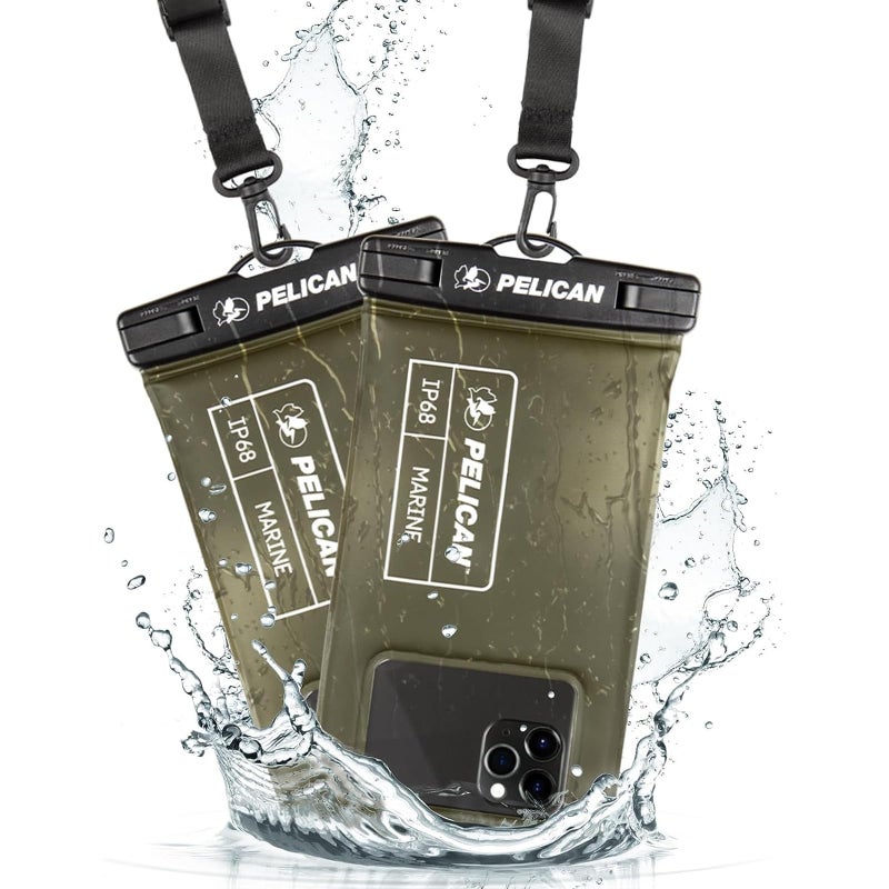 Pelican 2 Pack Marine - IP68 Waterproof Phone Pouch (Regular Size) Floating Waterproof Phone Case - Beach Cruise Ship Travel Essentials - Works with All Phones - Detachable Lanyard - OD Green - Image 1