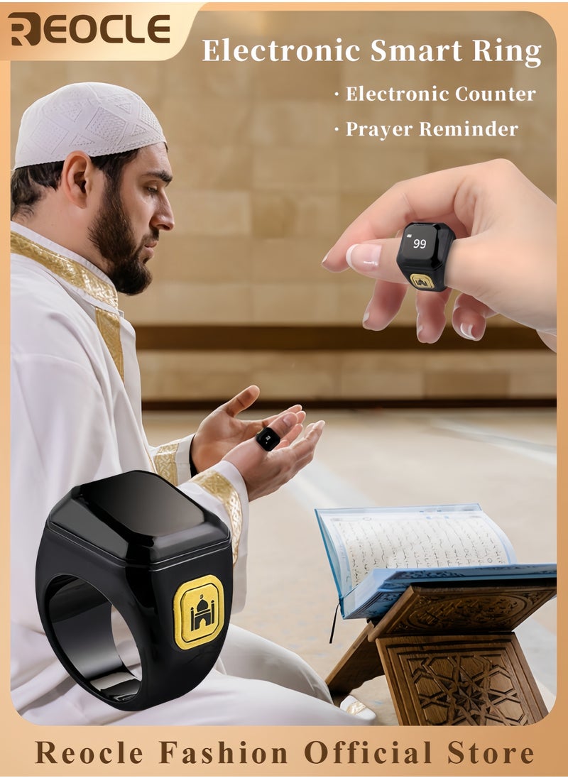 REOCLE Prayer Reminder Smart Ring Electronic Ring with Mosque Pattern Smart Electronic Finger Counter Ring Rechargeable Ring with LED Screen and Counter Reminder  - Image 1