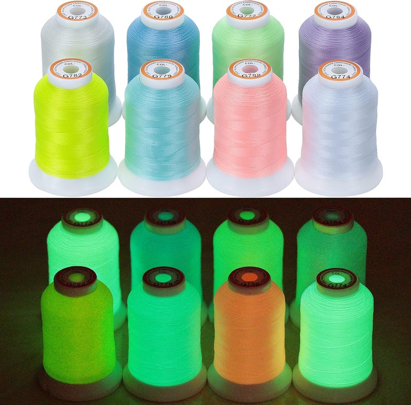 New brothread 8 Colors Luminary Glow in The Dark Embroidery Machine Thread Kit 30WT 500M(550Y) Each Spool for Embroidery, Quilting, Sewing - Image 1