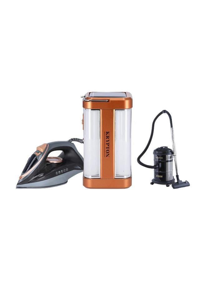 KRYPTON Rechargeable Solar LED Emergency Light – 32 High-Power LEDs, 4V 1200mAh Battery, 6-Hour Runtime, Light Dimmer, Portable Lantern for Camping, Power Outages & Outdoor Use Golden & Drum Vacuum Cleaner with Dry & Blow Function/Large Dust Bag Capacity & Dust Bag  full indicator, Wider & Flexible Hose 21 L 2300 W KNVC6107 Black & Ceramic Steam Iron 2400 W with 220ml Water Tank, Adjustable Thermostat, Self-Cleaning Function, Steam Burst & Dry Ironing & 360° Swivel Cord 2400 W KNSI6237 Black/brown/GreyBundle - Image 1