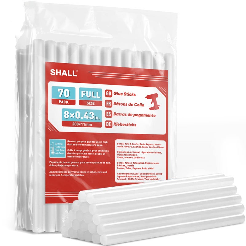 SHALL Full Size Hot Glue Sticks, 0.43â€ Dia x 8â€ Long, 70-Pack Clear Hot Melt Glue Gun Sticks for All-Temp Glue Guns, Multipurpose for Kids Adults DIY Art Craft Sealing Repairing Festival Decoration - Image 1