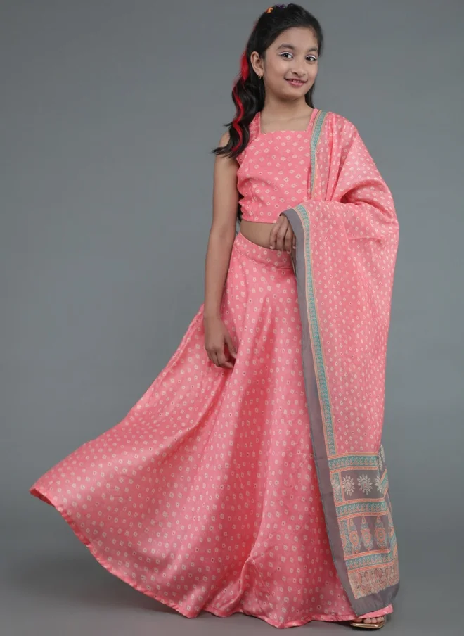 AKS Pink Bandhani Printed Lehenga Choli With Dupatta for Girls