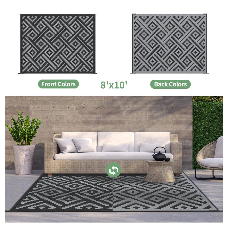 GENIMO Outdoor Rugs 8x10 Waterproof, Reversible Mats, Area Plastic Straw Rug, Outside Carpet, Geometric Rv Mat for Patio Camping Rv Picnic Backyard Deck Balcony Porch Beach Trailer (Black & Grey) - Image 2