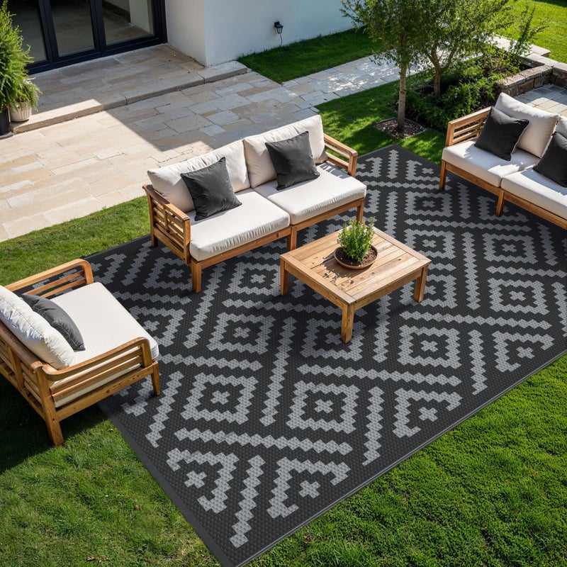 GENIMO Outdoor Rugs 8x10 Waterproof, Reversible Mats, Area Plastic Straw Rug, Outside Carpet, Geometric Rv Mat for Patio Camping Rv Picnic Backyard Deck Balcony Porch Beach Trailer (Black & Grey) - Image 4