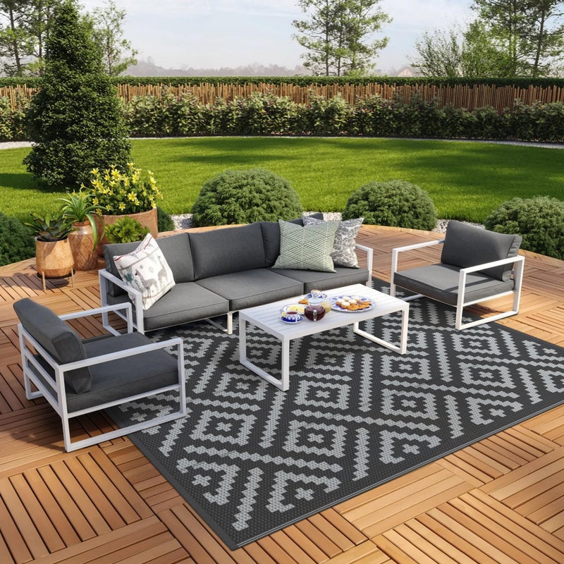 GENIMO Outdoor Rugs 8x10 Waterproof, Reversible Mats, Area Plastic Straw Rug, Outside Carpet, Geometric Rv Mat for Patio Camping Rv Picnic Backyard Deck Balcony Porch Beach Trailer (Black & Grey) - Image 1