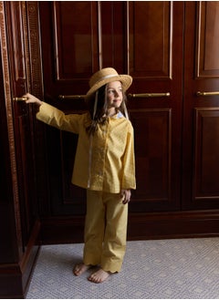 Mater&ME Mater&ME Summer Home Suit for Girls, Yellow, 100% Cotton Poplin, Soft, Breathable, Checkered Sicilian Lemons Print, Elastic Waistband, Comfortable Fit  - Image 4