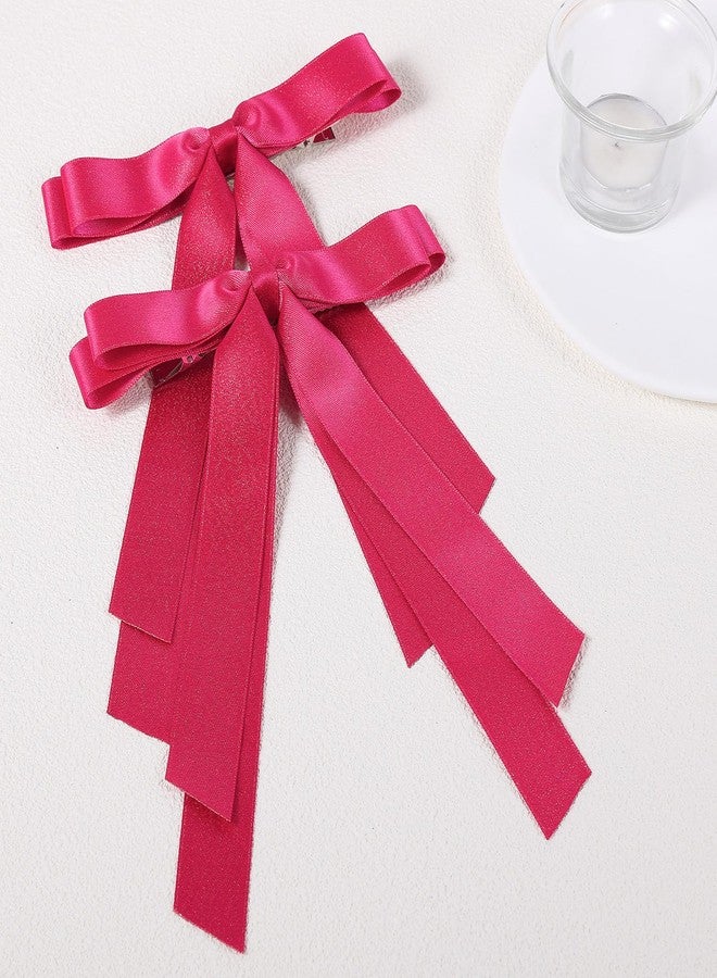 ميروكش قطعتان من ربطات الشعر الكبيرة للنساء والفتيات، 5.5 بوصة، لون وردي فاقع، مشابك شعر من شريط حريري ناعم مزين بشرابة، مشابك شعر على شكل ذيل حصان طويل، إكسسوارات تزيينية عتيقة - Image 2