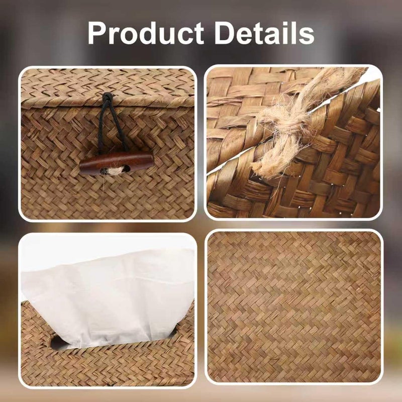 Shonmogar Country Rustic Seagrass & Metal Rectangle Tissue Box Cover, Woven Tissue Box Holder with Lid, Wicker Tissue Holder for Bathroom Toilet Living Room Bedroom Table Desk Home Office Car, Coffee - Image 3