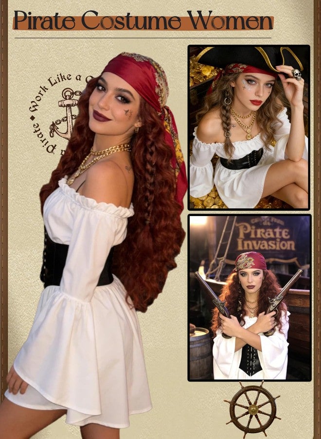 Verceco Women’s Pirate Costume Off-Shoulder Chiffon Bell Sleeve Pirate Dress with Faux Leather Corset, Headscarf & Necklace (White, M) - Image 2