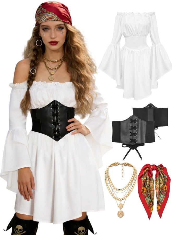 Verceco Women’s Pirate Costume Off-Shoulder Chiffon Bell Sleeve Pirate Dress with Faux Leather Corset, Headscarf & Necklace (White, M) - Image 1