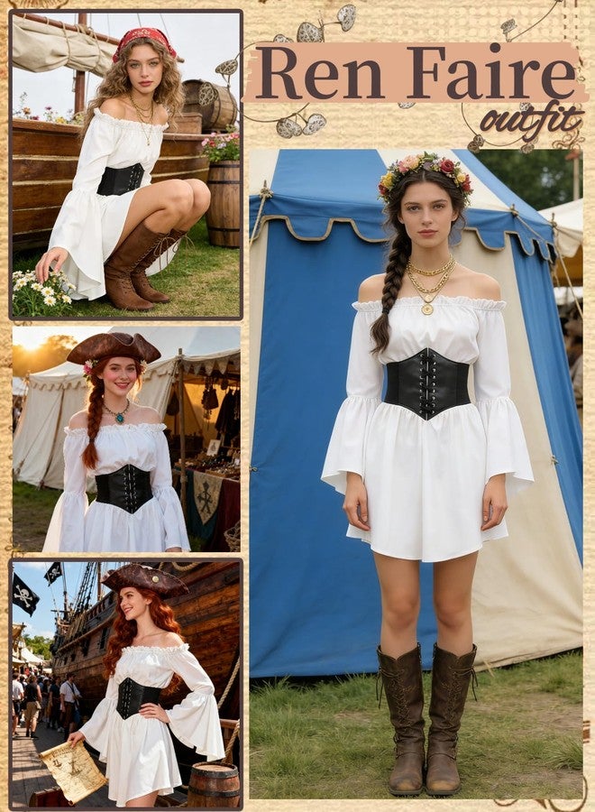 Verceco Women’s Pirate Costume Off-Shoulder Chiffon Bell Sleeve Pirate Dress with Faux Leather Corset, Headscarf & Necklace (White, M) - Image 3